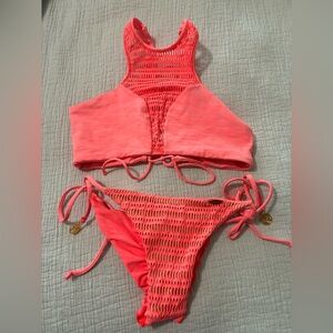 Luli Fama Neon Coral High-Neck Mesh Top With Brazilian Ruched Tie Side Bottoms